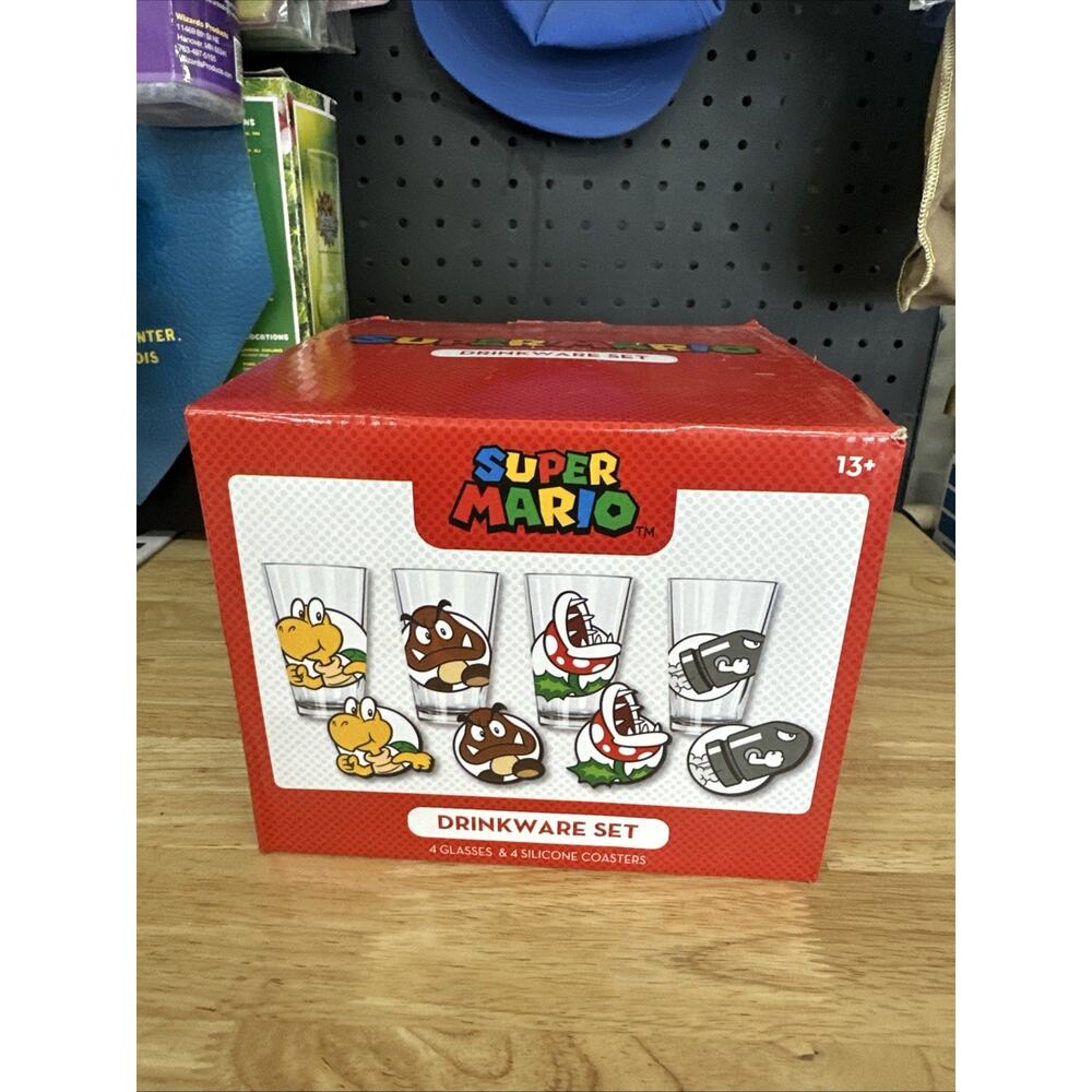 Nintendo Super Mario Enemy Drinkware Glass Set of 4 Silicone Coasters 16 oz 2021
